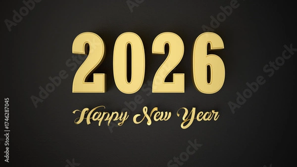 Fototapeta Elegant New Year 2026 background with golden numbers on dark backdrop.  Holiday greetings, banners, posters, and seasonal advertising. 3d rendering illustration not AI
