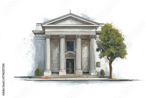 Fototapeta Exterior of bank. Classis building against white background. Watercolor digital art