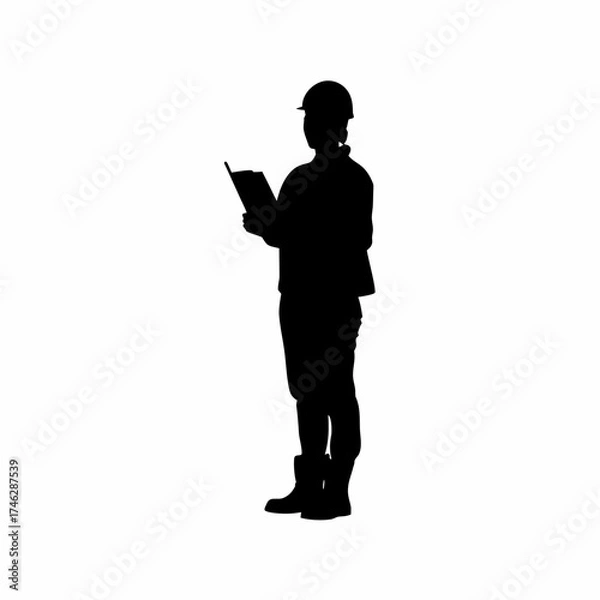 Fototapeta Silhouette of a safety officer with clipboard during inspection isolated on white background