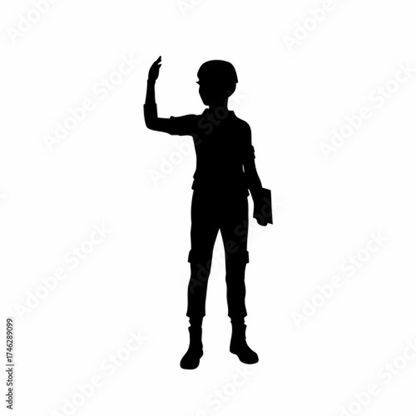 Fototapeta Silhouette of a science fair judge evaluating student invention isolated on white background