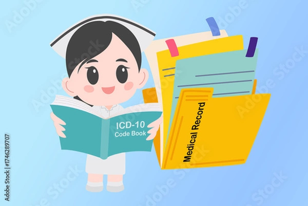 Fototapeta Cartoon nurse holds ICD-10 code book with medical record folder.