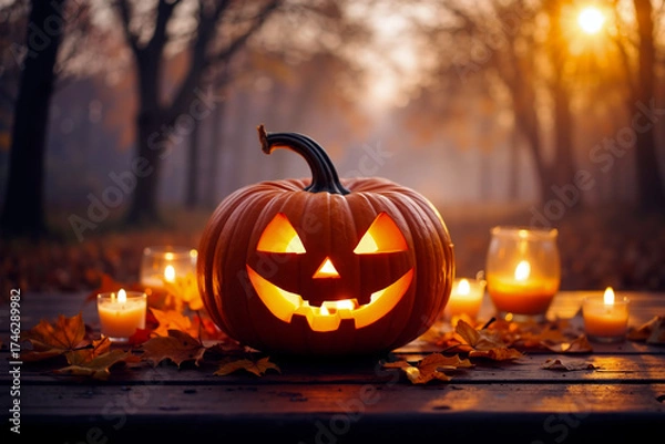 Fototapeta Glowing jack-o'-lantern with cheerful smile surrounded by flickering candles and autumn leaves in forest setting. Generative AI.