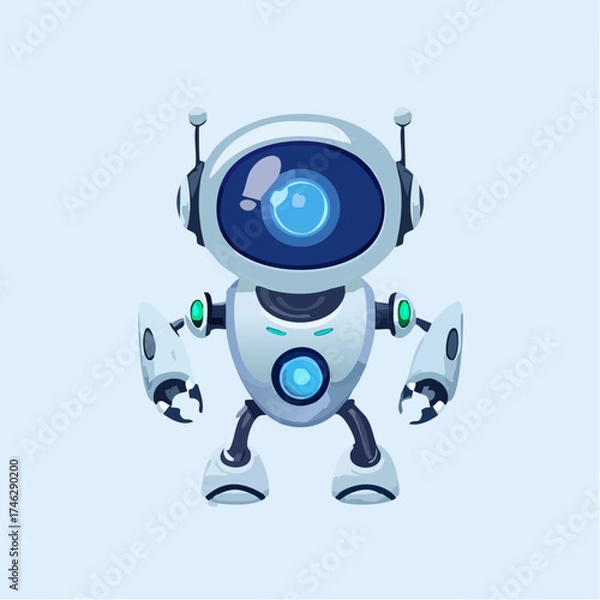 Fototapeta Cute Cartoon Robot Character with Blue Eye and Antennas.