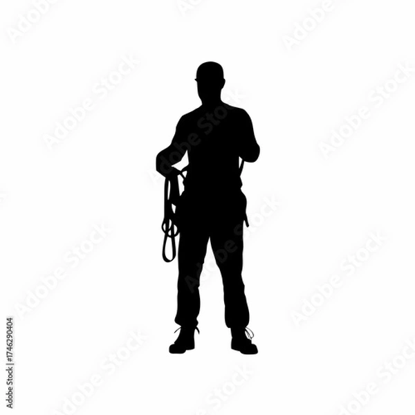 Fototapeta Silhouette of a site inspector checking safety harnesses isolated on white background