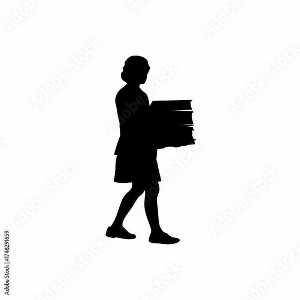 Fototapeta Silhouette of a student carrying heavy books walking to school isolated on white background