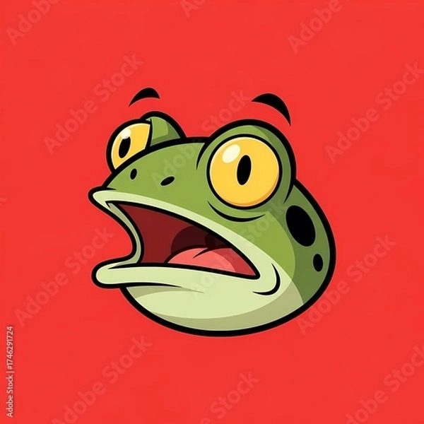 Obraz Cartoon frog exclaims a shocking surprise with big eyes and open mouth against a vibrant red background, perfect for children's books and fun designs