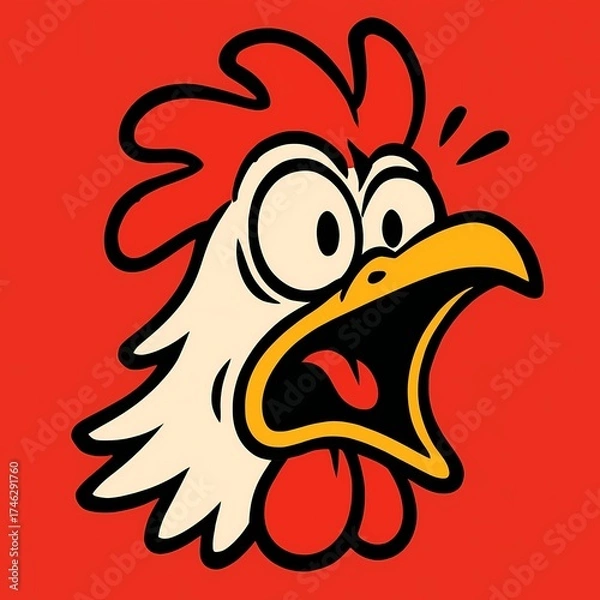 Obraz Cartoon rooster crowing loudly with surprised expression on bright red background, perfect for farms, agriculture, or early morning themes