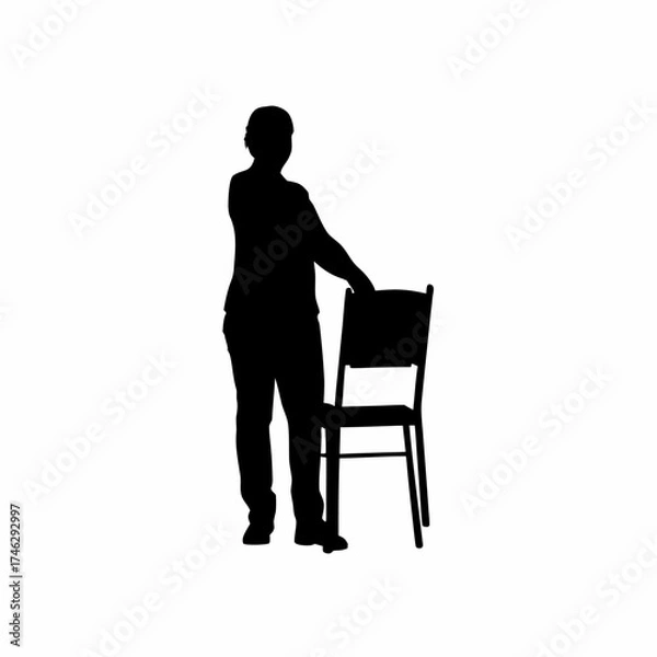 Fototapeta Silhouette of a teacher arranging classroom chairs before lesson isolated on white background