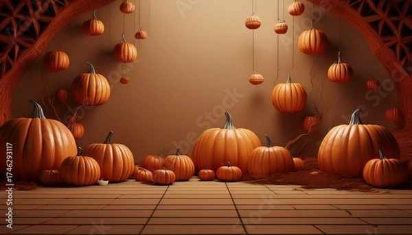 Fototapeta Autumnal Pumpkin Cascade: A bountiful arrangement of vibrant pumpkins, ranging in size, creates a festive and evocative ambiance. The rich hues and varied textures create a captivating tableau.