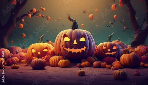 Fototapeta Halloween's Spooky Carvings: Three carved pumpkins, illuminated with eerie lights, set the stage for a spooky Halloween. With a grinning visage, a festive holiday atmosphere is ready to be spread. 