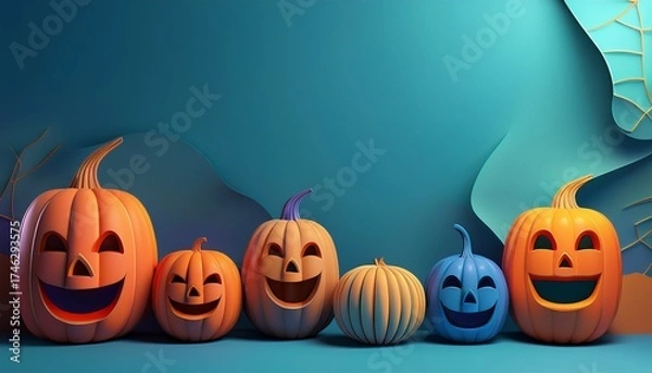 Fototapeta Jack O'Lanterns Halloween: A playful assortment of jack-o'-lanterns, carved with cheerful expressions, sit in a row against a vibrant backdrop. The image captures the essence of Halloween spirit.