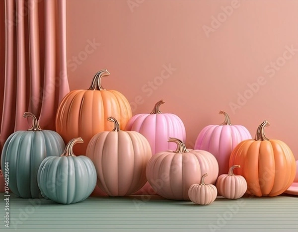 Fototapeta A Symphony of Autumn: A tableau of vibrant pumpkins in varied hues and sizes artfully arranged, celebrating the season's harvest bounty. 