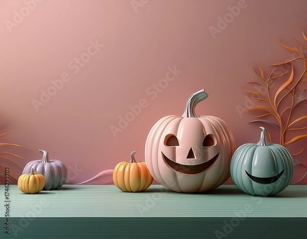 Fototapeta Enchanting Halloween Tableau: A whimsical arrangement of smiling pumpkins in varying hues forms a delightful Halloween display, inviting a sense of seasonal cheer and playful artistry.