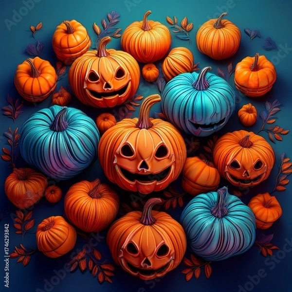 Fototapeta Pumpkin Patch Delight: A whimsical display of carved pumpkins and gourds, evoking the playful spirit of the autumn season. A collection of gourds in vibrant colors and quirky expressions.