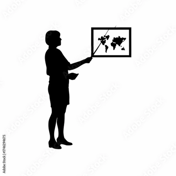 Fototapeta Silhouette of a teacher explaining geography map with pointer isolated on white background