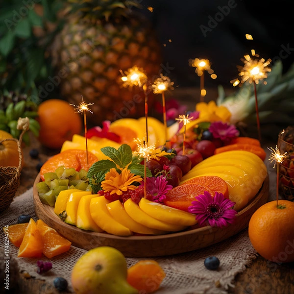 Obraz christmas table with fruits and festive decorations