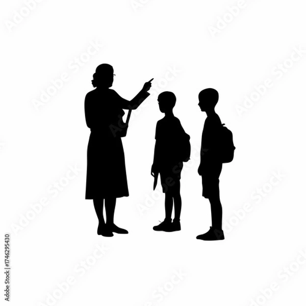 Fototapeta Silhouette of a teacher giving moral lesson to students isolated on white background