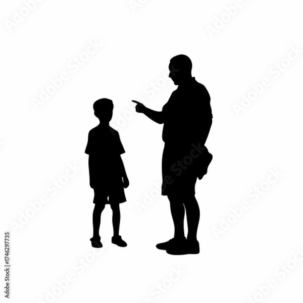 Fototapeta Silhouette of tutor teaching young boy private lesson isolated on white background