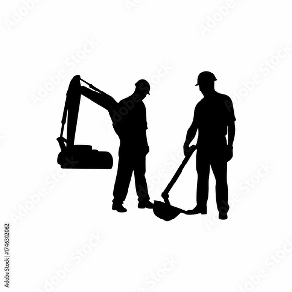 Fototapeta Silhouette of excavator operator digging soil beside worker isolated on white background