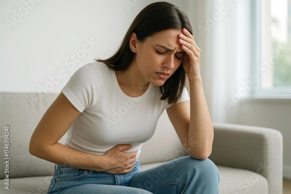 Fototapeta Woman experiencing stomach pain and headache while sitting on a couch in a bright room, expressing discomfort and fatigue indoors in natural light. Ai generative