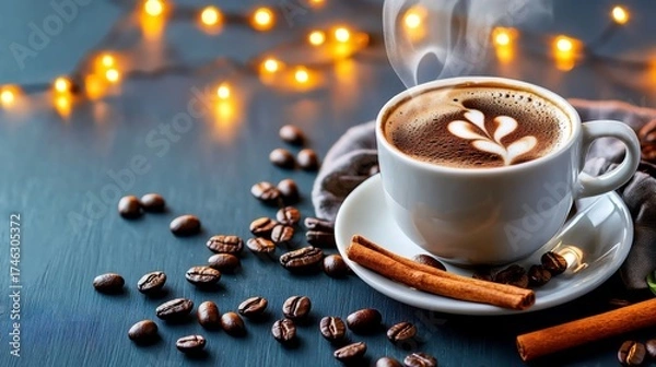 Obraz Hot spice coffee with cinnamon in white mug, steam rising. Coffee beans, cinnamon sticks, bokeh lights background