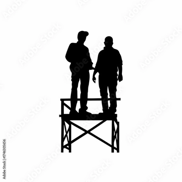 Fototapeta Silhouette of two construction workers welding at height on white background isolated on white background