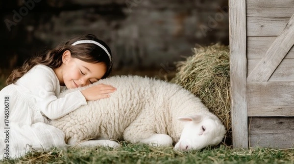 Obraz Child hugging sheep on farm, rural life, animal care, countryside.