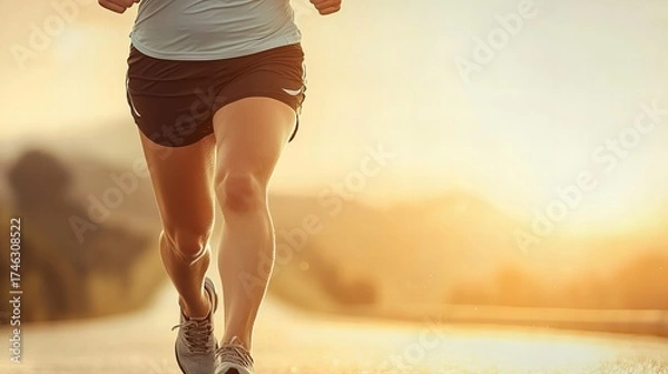 Obraz Runners legs in motion at sunset, wearing athletic shorts and running shoes, golden light highlighting muscle definition and stride power.