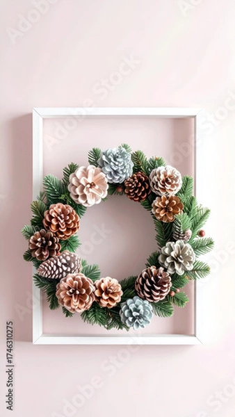 Obraz Festive Pine Cone Wreath in White Square Frame on Pink Wall.