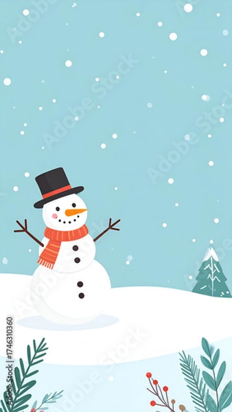 Obraz Charming Snowman in Winter Wonderland with Falling Snow and Pine Trees.