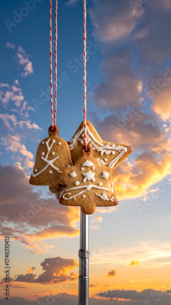 Obraz Christmas gingerbread cookies shaped like stars and bells hanging on a pole against a sunset sky.