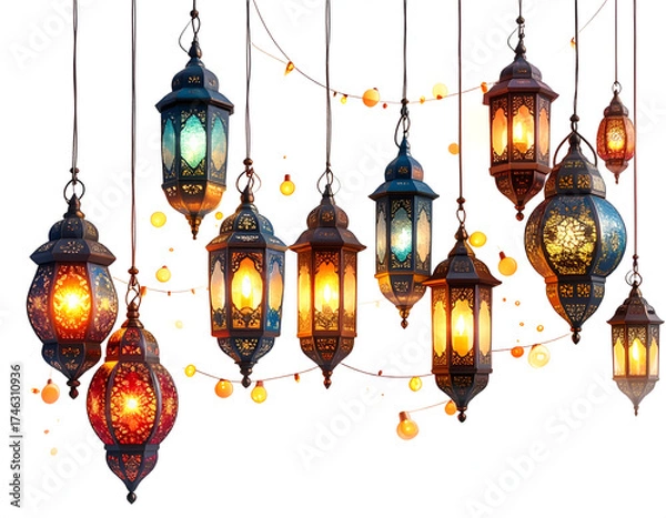Obraz A beautiful collection of hanging illuminated Ramadan lanterns.
