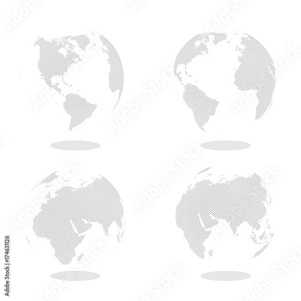Fototapeta Abstract Set of Globes with Dotted Map. Black and White Halftone Effect Vector Illustration.