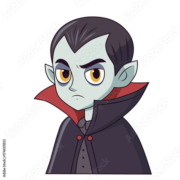 Obraz Young male cartoon vampire with serious expression. Kid wearing dark cloak for Halloween costume party celebration. Festive monster character design for print.
