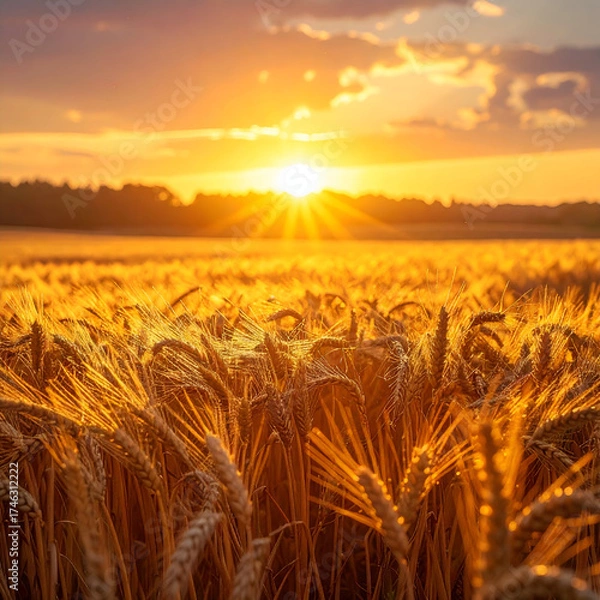Obraz Golden Wheat Field at Sunrise with Sun Rays.
