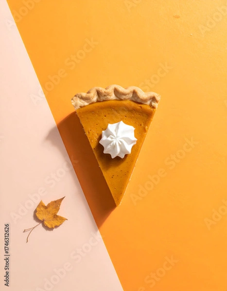 Obraz Slice of Pumpkin Pie with Whipped Cream and Autumn Leaf.