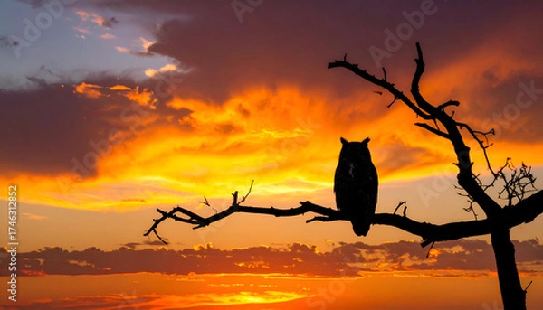 Obraz Silhouette of an owl perched on a tree branch against a vibrant sunset sky.