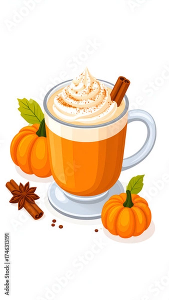 Obraz Cozy Autumn Pumpkin Spice Latte with Whipped Cream and Spices.