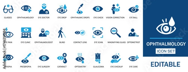 Fototapeta Ophthalmology icon set. Featuring medical eye care, optometry, and vision correction vector symbols. Ideal for clinics, hospitals, and health care visuals. Vector illustration.