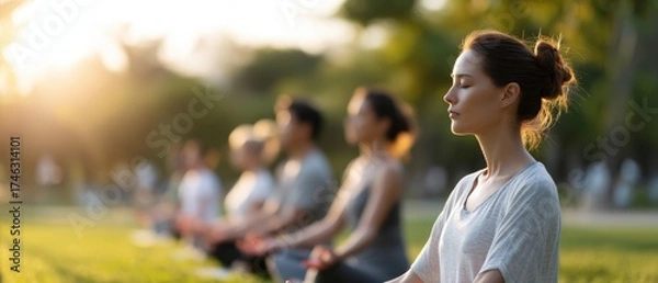Fototapeta Mindful Meditation in Nature's Embrace: A serene group engages in a mindful meditation practice amidst the tranquility of a park at dawn, capturing the essence of peace and mindfulness.
