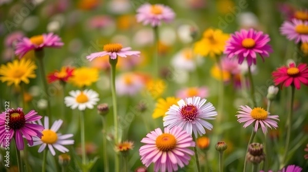 Fototapeta Colorful field of blooming flowers in springtime garden  
