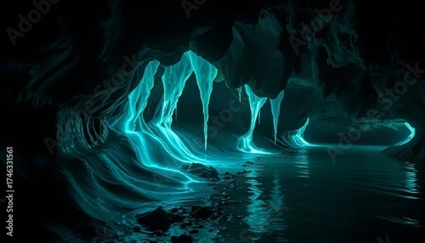 Fototapeta Cave with glowing blue water and illuminated rock formations  
