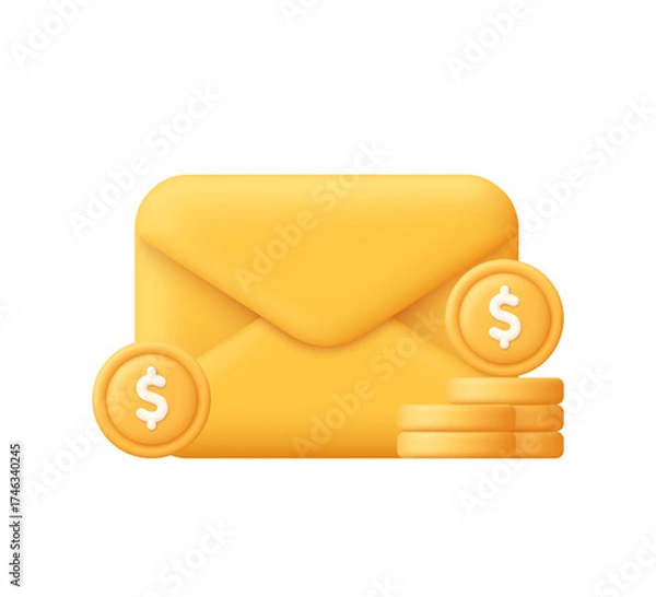 Fototapeta Yellow envelope with dollar coins and coin stack. Business, financial correspondence, salary payment, business mail, financial transactions concept. 3d vector icon. Cartoon minimal style.