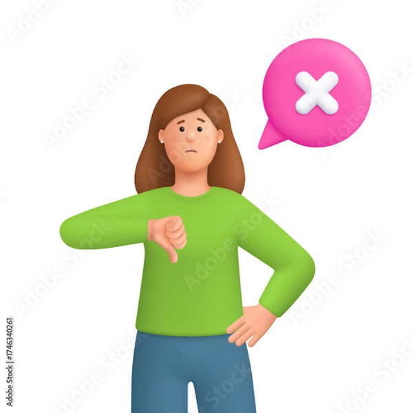 Fototapeta Sad woman Kate showing  thumbs down gesture near speech bubble with cross sign. Rejection, disapproval, dislike and negative feedback concept. 3d vector people character. Cartoon minimal style.