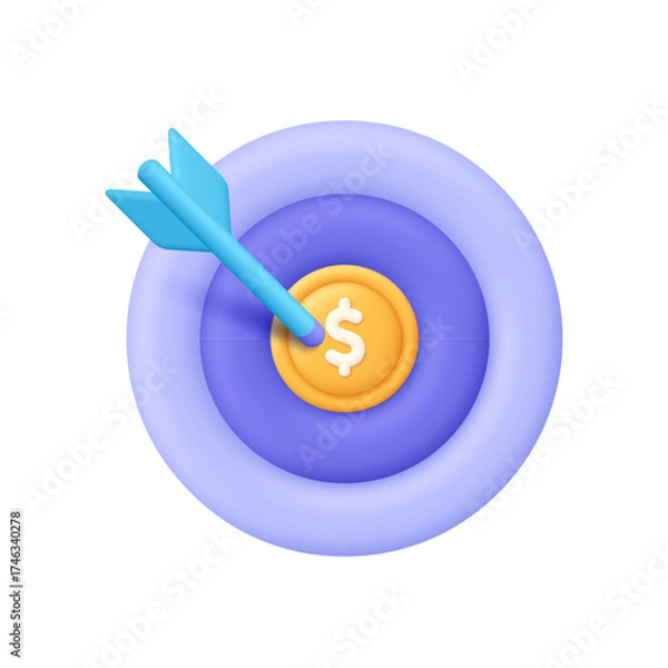 Fototapeta Purple target with an arrow hitting a gold coin with dollar sign at the bullseye. Financial goals, investment success and business achievement concept. 3d vector icon. Cartoon minimal style.