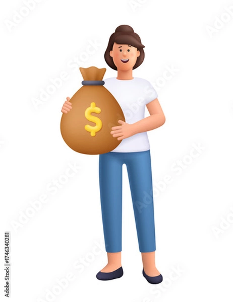Fototapeta Young smiling woman Jane holding money bag with dollar symbol. Finance, business, investment, banking, success, savings and financial growth concept. 3d vector people character. Cartoon minimal style.