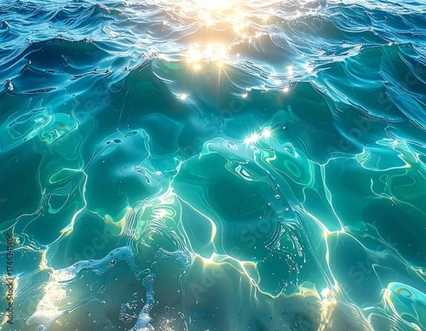 Fototapeta Sunlight Shimmers on Turquoise Ocean Water Surface Ripples.