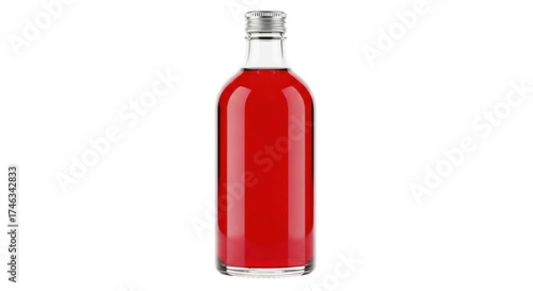 Fototapeta Isolated bottle of red syrup in the center of the frame, with an aluminum cap on top