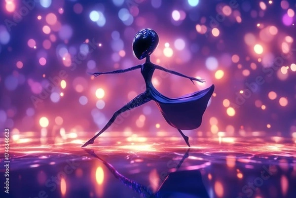 Obraz A mesmerizing silhouette of a futuristic alien dancing gracefully, set against a vibrant bokeh backdrop filled with colorful lights, creating an enchanting atmosphere.