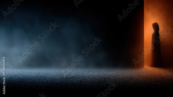 Fototapeta Person standing at the boundary of light and darkness depicts a moment of choice in life's journey